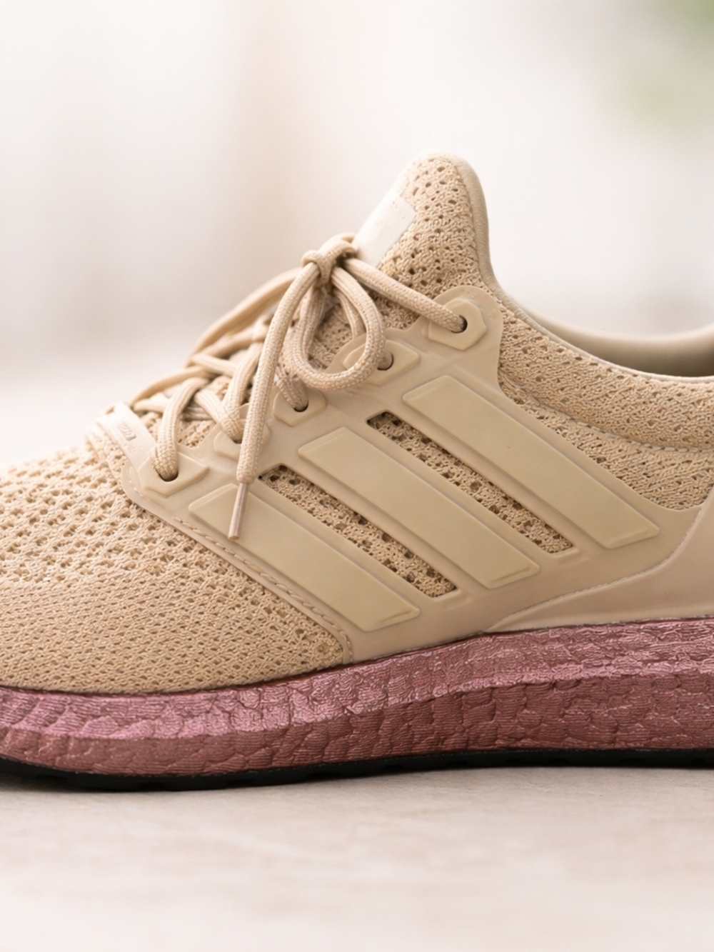 Adidas Women's Beige Knit Running Shoe with Pink Midsole